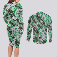 Matie Tahiti Tiare Monstera Couples Matching Long Sleeve Bodycon Dress and Long Sleeve Button Shirt Polynesian Pattern Curve Style - Polynesian Pride