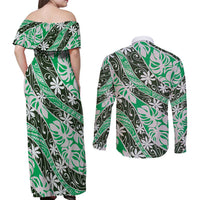 Matie Tahiti Tiare Monstera Couples Matching Off Shoulder Maxi Dress and Long Sleeve Button Shirt Polynesian Pattern Curve Style - Polynesian Pride