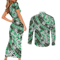 Matie Tahiti Tiare Monstera Couples Matching Short Sleeve Bodycon Dress and Long Sleeve Button Shirt Polynesian Pattern Curve Style - Polynesian Pride