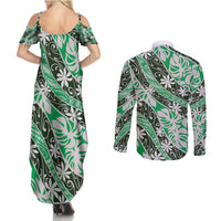 Matie Tahiti Tiare Monstera Couples Matching Summer Maxi Dress and Long Sleeve Button Shirt Polynesian Pattern Curve Style - Polynesian Pride