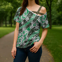 Matie Tahiti Tiare Monstera Cross Shoulder Shirt Polynesian Pattern Curve Style - Polynesian Pride