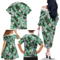 Matie Tahiti Tiare Monstera Family Matching Off The Shoulder Long Sleeve Dress and Hawaiian Shirt Polynesian Pattern Curve Style LT01 - Polynesian Pride