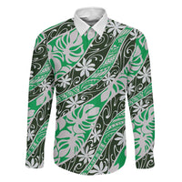 Matie Tahiti Tiare Monstera Family Matching Off The Shoulder Long Sleeve Dress and Hawaiian Shirt Polynesian Pattern Curve Style LT01 Dad's Shirt - Long Sleeve Green - Polynesian Pride