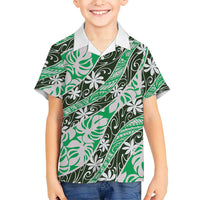 Matie Tahiti Tiare Monstera Family Matching Off Shoulder Maxi Dress and Hawaiian Shirt Polynesian Pattern Curve Style LT01 Son's Shirt Green - Polynesian Pride