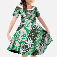 Matie Tahiti Tiare Monstera Family Matching Off Shoulder Short Dress and Hawaiian Shirt Polynesian Pattern Curve Style LT01 Daughter's Dress Green - Polynesian Pride