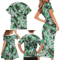 Matie Tahiti Tiare Monstera Family Matching Short Sleeve Bodycon Dress and Hawaiian Shirt Polynesian Pattern Curve Style LT01 - Polynesian Pride