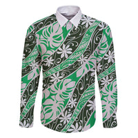 Matie Tahiti Tiare Monstera Family Matching Summer Maxi Dress and Hawaiian Shirt Polynesian Pattern Curve Style LT01 Dad's Shirt - Long Sleeve Green - Polynesian Pride