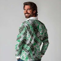 Matie Tahiti Tiare Monstera Long Sleeve Polo Shirt Polynesian Pattern Curve Style - Polynesian Pride