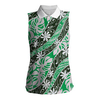 Matie Tahiti Tiare Monstera Women Sleeveless Polo Shirt Polynesian Pattern Curve Style - Polynesian Pride