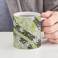 Olive Tahiti Tiare Monstera Ceramic Mug Polynesian Pattern Curve Style - Polynesian Pride