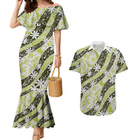 Olive Tahiti Tiare Monstera Couples Matching Mermaid Dress and Hawaiian Shirt Polynesian Pattern Curve Style - Polynesian Pride