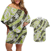 Olive Tahiti Tiare Monstera Couples Matching Off Shoulder Short Dress and Hawaiian Shirt Polynesian Pattern Curve Style - Polynesian Pride