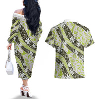 Olive Tahiti Tiare Monstera Couples Matching Off The Shoulder Long Sleeve Dress and Hawaiian Shirt Polynesian Pattern Curve Style - Polynesian Pride