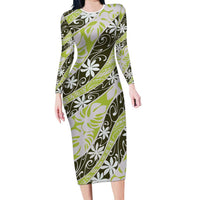 Olive Tahiti Tiare Monstera Family Matching Long Sleeve Bodycon Dress and Hawaiian Shirt Polynesian Pattern Curve Style - Polynesian Pride