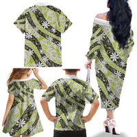 Olive Tahiti Tiare Monstera Family Matching Off The Shoulder Long Sleeve Dress and Hawaiian Shirt Polynesian Pattern Curve Style LT01 - Polynesian Pride
