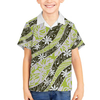Olive Tahiti Tiare Monstera Family Matching Off The Shoulder Long Sleeve Dress and Hawaiian Shirt Polynesian Pattern Curve Style LT01 Son's Shirt Olive - Polynesian Pride