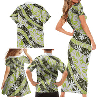 Olive Tahiti Tiare Monstera Family Matching Short Sleeve Bodycon Dress and Hawaiian Shirt Polynesian Pattern Curve Style LT01 - Polynesian Pride