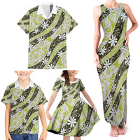 Olive Tahiti Tiare Monstera Family Matching Tank Maxi Dress and Hawaiian Shirt Polynesian Pattern Curve Style - Polynesian Pride