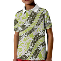Olive Tahiti Tiare Monstera Kid Polo Shirt Polynesian Pattern Curve Style - Polynesian Pride