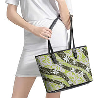 Olive Tahiti Tiare Monstera Leather Tote Bag Polynesian Pattern Curve Style - Polynesian Pride