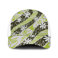 Olive Tahiti Tiare Monstera Mesh Trucker Cap Polynesian Pattern Curve Style - Polynesian Pride