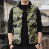 Olive Tahiti Tiare Monstera Sleeveless Puffer Jacket Polynesian Pattern Curve Style - Polynesian Pride