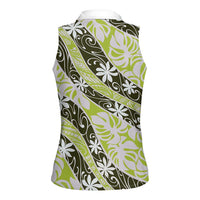 Olive Tahiti Tiare Monstera Women Sleeveless Polo Shirt Polynesian Pattern Curve Style - Polynesian Pride