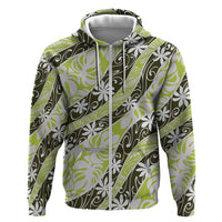 Olive Tahiti Tiare Monstera Zip Hoodie Polynesian Pattern Curve Style - Polynesian Pride