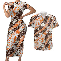 Puatou Tahiti Tiare Monstera Couples Matching Short Sleeve Bodycon Dress and Hawaiian Shirt Polynesian Pattern Curve Style - Polynesian Pride