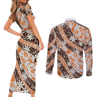 Puatou Tahiti Tiare Monstera Couples Matching Short Sleeve Bodycon Dress and Long Sleeve Button Shirt Polynesian Pattern Curve Style - Polynesian Pride