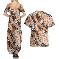 Puatou Tahiti Tiare Monstera Couples Matching Summer Maxi Dress and Hawaiian Shirt Polynesian Pattern Curve Style - Polynesian Pride