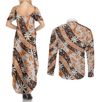 Puatou Tahiti Tiare Monstera Couples Matching Summer Maxi Dress and Long Sleeve Button Shirt Polynesian Pattern Curve Style LT01 - Polynesian Pride