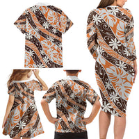 Puatou Tahiti Tiare Monstera Family Matching Long Sleeve Bodycon Dress and Hawaiian Shirt Polynesian Pattern Curve Style LT01 - Polynesian Pride