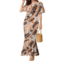 Puatou Tahiti Tiare Monstera Family Matching Mermaid Dress and Hawaiian Shirt Polynesian Pattern Curve Style LT01 Mom's Dress Orange - Polynesian Pride