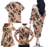 Puatou Tahiti Tiare Monstera Family Matching Off The Shoulder Long Sleeve Dress and Hawaiian Shirt Polynesian Pattern Curve Style LT01 - Polynesian Pride