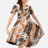 Puatou Tahiti Tiare Monstera Family Matching Off Shoulder Short Dress and Hawaiian Shirt Polynesian Pattern Curve Style LT01 Daughter's Dress Orange - Polynesian Pride