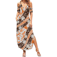 Puatou Tahiti Tiare Monstera Family Matching Summer Maxi Dress and Hawaiian Shirt Polynesian Pattern Curve Style LT01 Mom's Dress Orange - Polynesian Pride