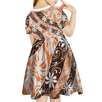 Puatou Tahiti Tiare Monstera Kid Short Sleeve Dress Polynesian Pattern Curve Style - Polynesian Pride