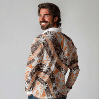 Puatou Tahiti Tiare Monstera Long Sleeve Polo Shirt Polynesian Pattern Curve Style - Polynesian Pride