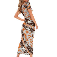 Puatou Tahiti Tiare Monstera Short Sleeve Bodycon Dress Polynesian Pattern Curve Style - Polynesian Pride