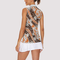 Puatou Tahiti Tiare Monstera Women Sleeveless Polo Shirt Polynesian Pattern Curve Style - Polynesian Pride