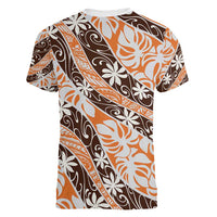 Puatou Tahiti Tiare Monstera Women V-Neck T-Shirt Polynesian Pattern Curve Style - Polynesian Pride