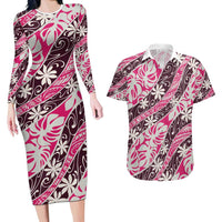 Tarona Tahiti Tiare Monstera Couples Matching Long Sleeve Bodycon Dress and Hawaiian Shirt Polynesian Pattern Curve Style - Polynesian Pride