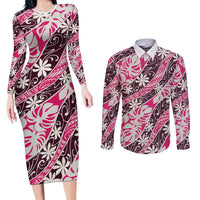 Tarona Tahiti Tiare Monstera Couples Matching Long Sleeve Bodycon Dress and Long Sleeve Button Shirt Polynesian Pattern Curve Style - Polynesian Pride
