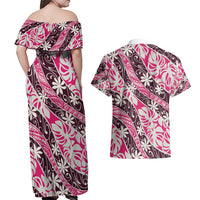 Tarona Tahiti Tiare Monstera Couples Matching Off Shoulder Maxi Dress and Hawaiian Shirt Polynesian Pattern Curve Style - Polynesian Pride