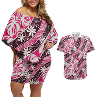 Tarona Tahiti Tiare Monstera Couples Matching Off Shoulder Short Dress and Hawaiian Shirt Polynesian Pattern Curve Style - Polynesian Pride