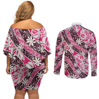 Tarona Tahiti Tiare Monstera Couples Matching Off Shoulder Short Dress and Long Sleeve Button Shirt Polynesian Pattern Curve Style - Polynesian Pride
