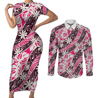 Tarona Tahiti Tiare Monstera Couples Matching Short Sleeve Bodycon Dress and Long Sleeve Button Shirt Polynesian Pattern Curve Style - Polynesian Pride