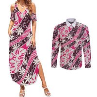 Tarona Tahiti Tiare Monstera Couples Matching Summer Maxi Dress and Long Sleeve Button Shirt Polynesian Pattern Curve Style - Polynesian Pride