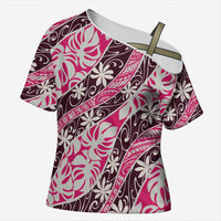 Tarona Tahiti Tiare Monstera Cross Shoulder Shirt Polynesian Pattern Curve Style - Polynesian Pride